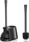 Toilet Plunger and Brush Set, Silicone Bowl Brush and Heavy Duty Toilet Plunger with Ventilated Holder, 2-in-1 Toilet Brush and Plunger Combo for 5.3-inch Toilet Drain Bathroom Deeply Cleaning (Black)