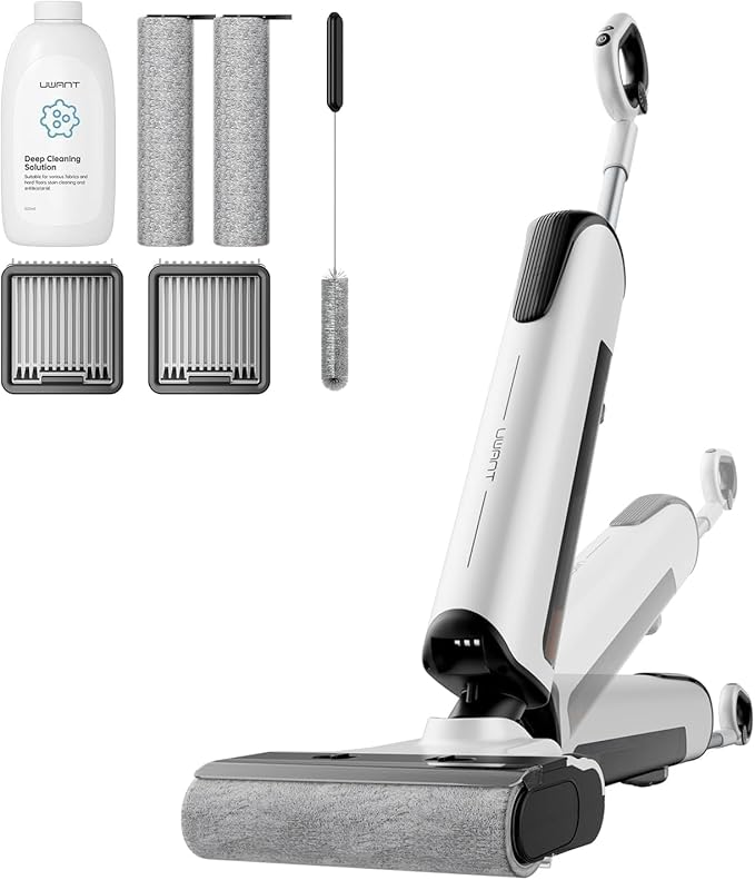 uwant Wet Dry Vacuum Cleaner 180°Lay-Flat Push-in Vacuum Mop All in One with 18000Pa Suction Auto Self-Cleaning Anti Odor Stick Dual-Edge Vacuum Cleaner Set of 1 for Hard Floor/Carpet D100