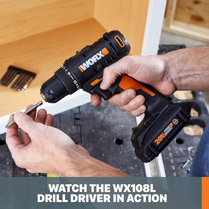 Worx 20V Cordless Drill Driver, 84pc Accessory Kit, Variable 2-Speed, 265 In-Lbs Torque, 20+1 Clutch, Lightweight, Compact, 3/8-Inch Keyless Chuck - Battery & Charger Included