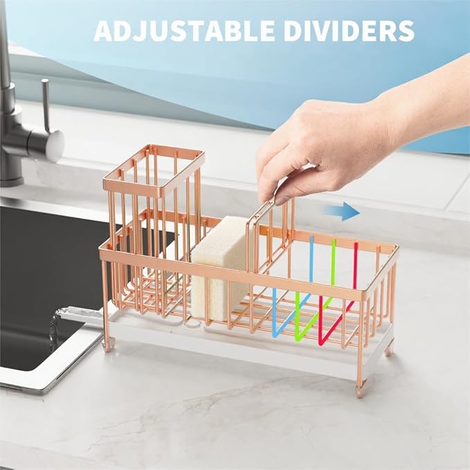 Cisily Sponge Holder for Kitchen Sink, Sink Caddy Organizer with High Brush Holder, Kitchen Countertop Organizers and Storage Essentials, Rustproof 304 Stainless Steel (Rose Gold, 9.25″)
