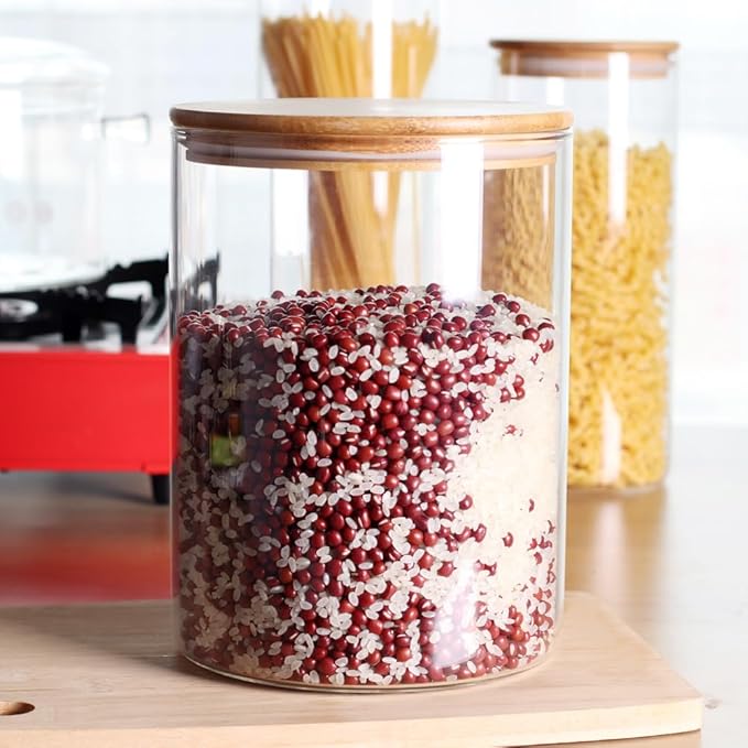 Set of 2 Large Glass Food Storage jar, 100 FL OZ (3000ml) Glass Flour Canister with Airtight Bamboo Lids for Kitchen Corner, BPA-Free Flour Container for Sugar, Ground Coffee, Rice and Dry Food