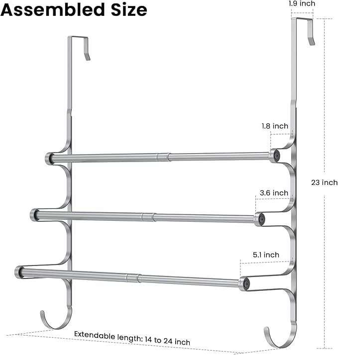 CANYAVE Over The Door Towel Rack, Extendable Triple Towel Storage Holder with Hooks, 24.02 Inches Towel Bar Hanger Towel Racks for Bathroom (Silver)