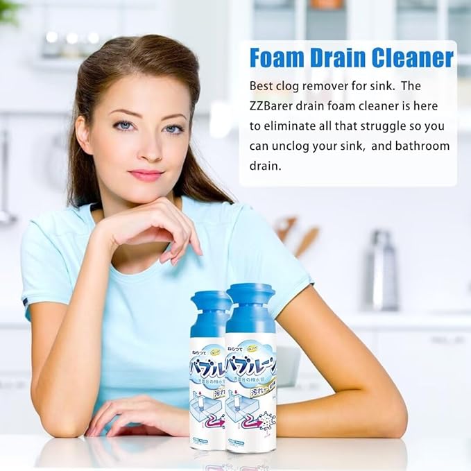 Drain Foam Cleaner, Foam Drain Cleaner, Powerful Sink and Drain Cleaner Foam, Liquid Hair Drain Clog Remover, Foaming Drain Cleaner for Kitchen Drain, Sinks, Tubs (2PCS)