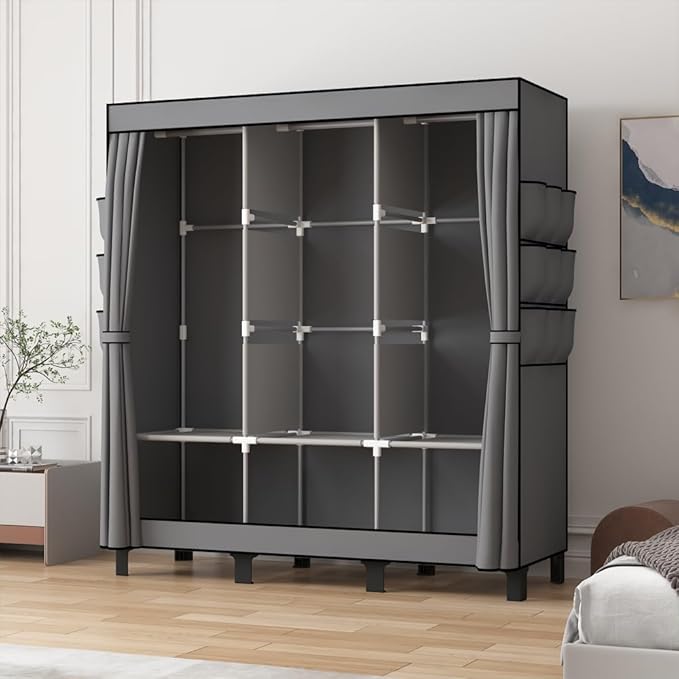 Portable Closet, 51.18" Large Capacity Clothing Storage Organizer with 3 Hanging Rods 6 Shelves 18 Side Pockets, Dustproof Sturdy Wardrobe for Bedroom Dorm Rental Apartment (Grey, Large)