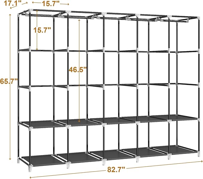 MOGELAFOO 83 Inch Wide Portable Closet Wardrobe, Clothes Storage Rack Organizer with Cover, 5 Clothes Hanging Rods and 10 Storage Shelves, Black