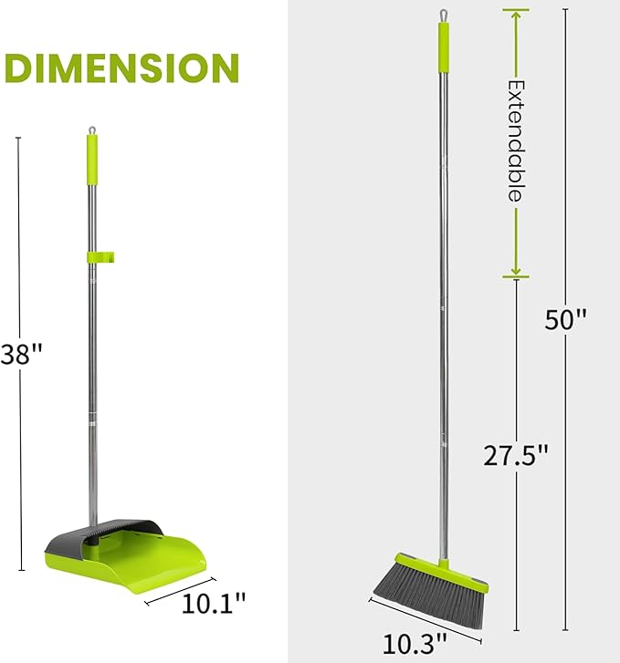 Broom and Standing Dustpan Set 50” Angle Broom with Long Handle Dust Pans for Kitchen Classroom Office Floor Sweeping-Green