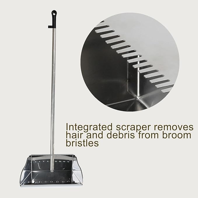 Metal Dustpan Long Handle Stainless Steel Dustpan,Heavy Duty Standing Dust Pan with Teeth, Indoor Outdoor Up for Home Kitchen Lobby Room Office