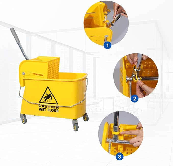 Mop Bucket with Wringer, 22 Qt (5.5 Gallon), Handle, Wheels,Floor Cleaning, 16.5" L x 10.6" W x 26.4" H, Yellow,Add One Cotton Mop