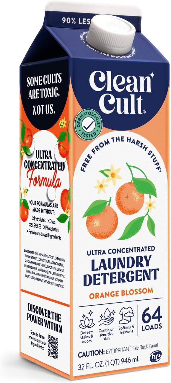 Cleancult Ultra Concentrated Liquid Laundry Detergent, 64 loads (32 oz), Long Lasting Scent, 90% Less Plastic, No Harsh Chemicals, Orange Blossom, Defeats Stains & Odors, HE/Standard Compatible