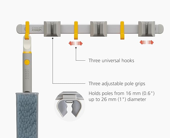 Joseph Joseph CleanTech Cleaning Utility Tool Storage Rail, Organizer Rack with 3 Adjustable Grips and 3 Hooks, Screws Included