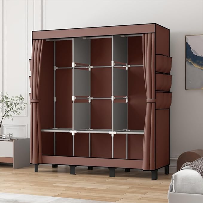 Portable Closet, 51.18" Large Capacity Clothing Storage Organizer with 3 Hanging Rods 6 Shelves 18 Side Pockets, Dustproof Sturdy Wardrobe for Bedroom Dorm Rental Apartment (Coffee, Large)