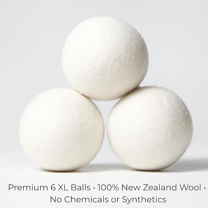Premium Wool Dryer Balls – XL 6-Pack, 100% New Zealand Wool, Organic & Reusable, Natural Fabric Softener Alternative, Reduces Static, Wrinkles & Drying Time
