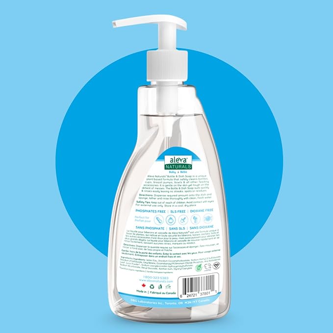 Aleva Naturals Hypoallergenic Bottle and Dishwash Liquid, Plant-Based & Fragrance-Free Formula, Dish Soap to Clean Baby Feeding Cups, Breast Pumps - 500 ml, 16.91 Fl Oz