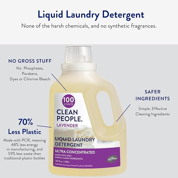The Clean People Liquid Laundry Detergent - Recyclable Packaging, Stain Fighting - Ultra Concentrated, Laundry Soap - Lavender, 100 Loads
