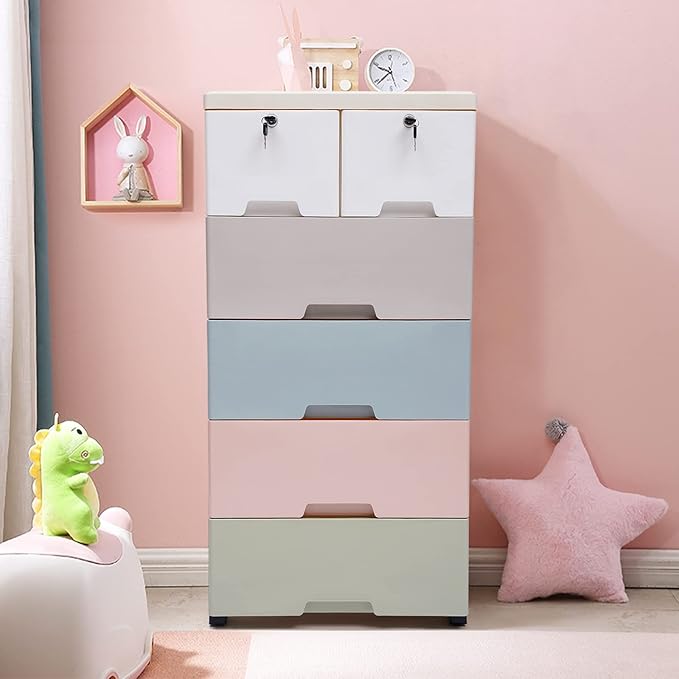 5 Layers Bookshelf, Multi-Layer Assembled Baby Wardrobe Storage Cabinet, Cube Organizer Bookcase Cabinet Storage Shelf Rack with 6 Drawers & 5 Wheels, White, Gray, Blue, Pink, Green