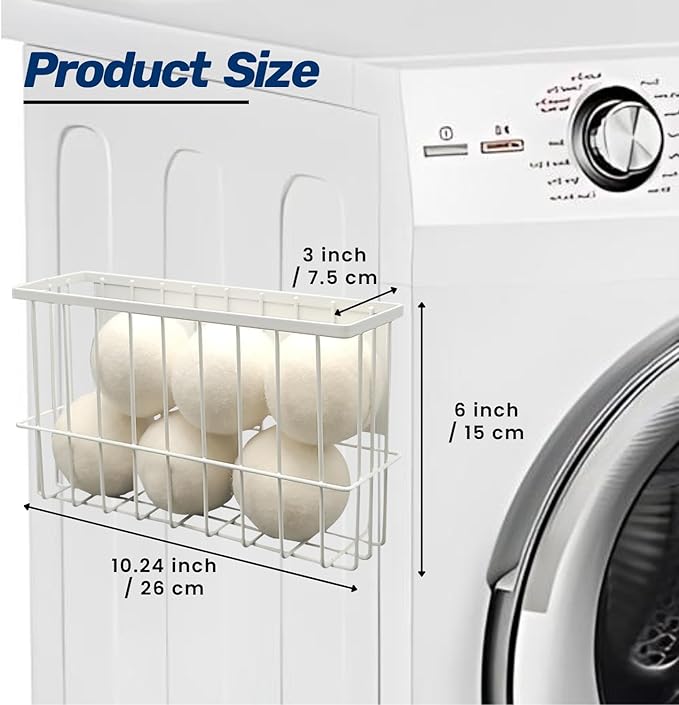 Magnetic Dryer Ball Holder Plus 6 XL Wool Dryer Balls from New Zealand Wool- Laundry Dryer Balls Storage Containers: Easy Install Without Tools, Magnetic Basket for Dryer Balls