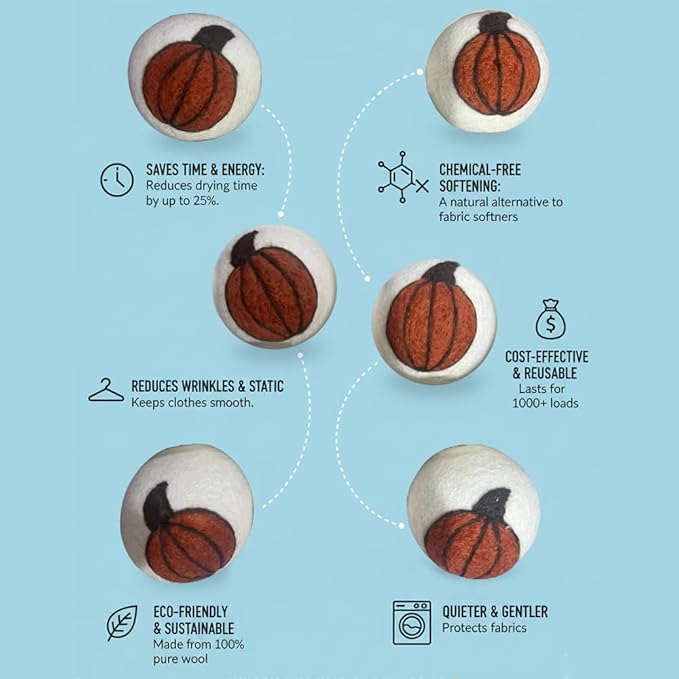 Ezhippie Quality Wool Dryer Balls - 6 XL Pumpkin Pack - 1000+ Loads - Pure Organic Wool - Reusable Natural Fabric Softener Perfect with Essential Oils, Reduce Clothing Static and Wrinkles