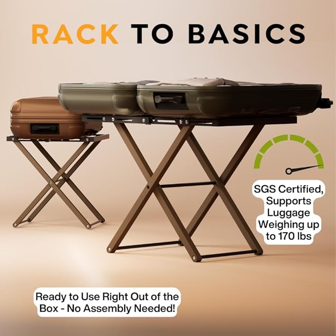 Luxury Expandable Luggage Rack for All Suitcase Sizes, Folding Stand Essential for Hotels, AirBnB, Guest Room; Extends 35” Inches, Holds up to 170 lbs, Durable Steel & Solid Wood, NO Assembly Required