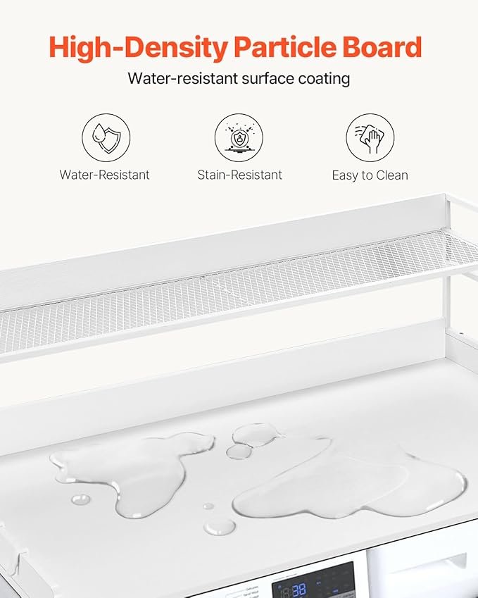 VEVOR Washer Dryer Countertop with 2-Tier Shelf, 54" x 27" Wooden Washer and Dryer Countertop with Anti-Slip Pads, Water-Resistant Laundry Topper Cover for Laundry Room Organization and Storage, White
