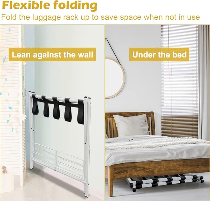 mocomax 2 Pack Folding Luggage Rack for Guest Room, Foldable Suitcase Stand Holder with Metal Storage Shelf for Bedroom, Living Room, Hotel Essentials, Heavy Duty Steel Frame, White