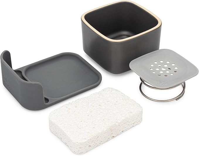 Full Circle Bubble Up Combo — Family Safe, Formaldehyde-Free – Gray Ceramic Soap Dish with Plant-Based Sponge & Bamboo Dish Brush – Versatile Kitchen Scrub Brush Set for Pots, Pans, Counter & Ovens