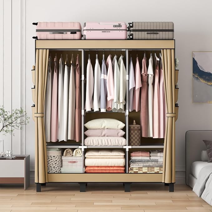 Portable Closet, 51.18" Large Capacity Clothing Storage Organizer with 3 Hanging Rods 6 Shelves 18 Side Pockets, Dustproof Sturdy Wardrobe for Bedroom Dorm Rental Apartment（Colour, Large）
