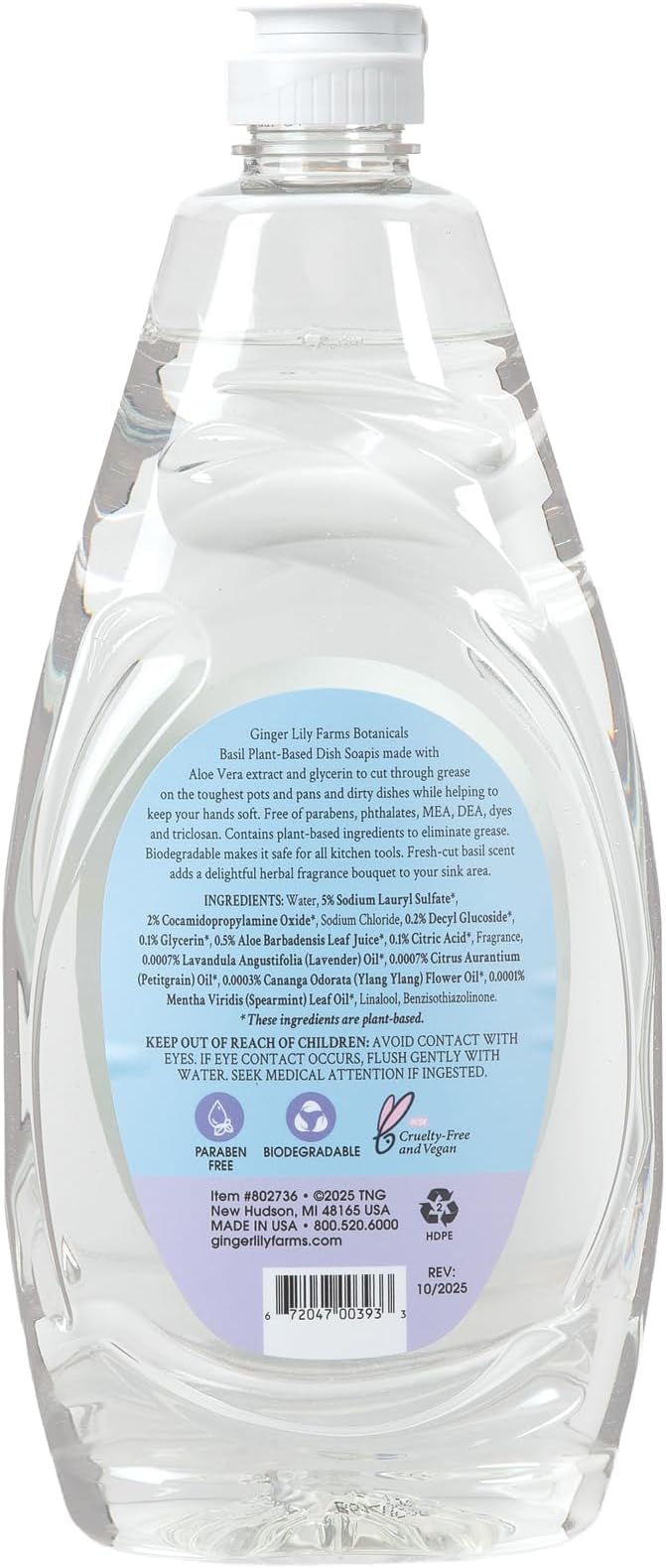 Ginger Lily Farms Botanicals Plant-Based Liquid Dish Soap, Concentrated Formula with Max Grease Cleaning Power, Cruelty-Free, Basil Scent, 24 Fl Oz
