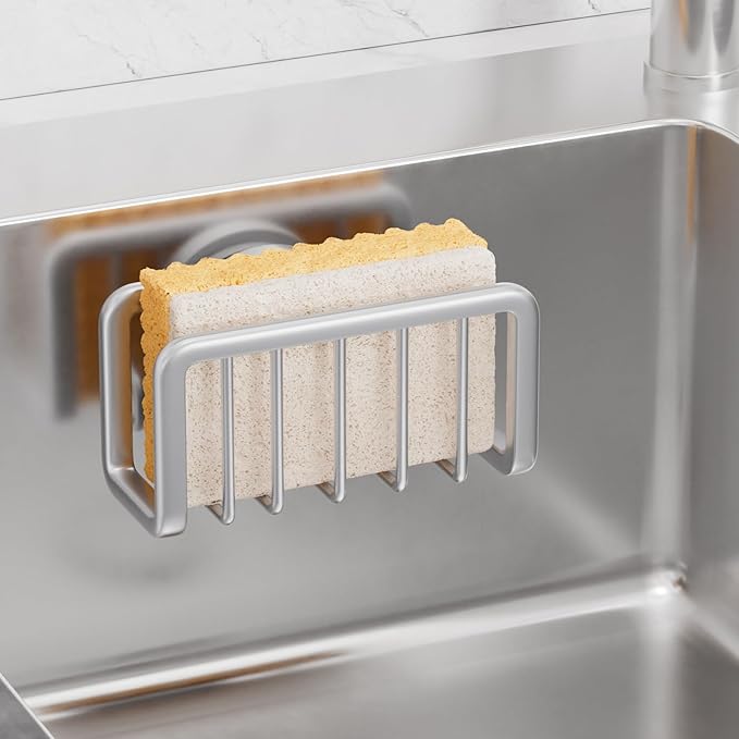 TAILI Sponge Holder for Kitchen Sink with Strong Suction Cup, Rustproof Aluminum Sink Caddy for Sponges, Removable Sponge Holder, Dish Brush for Scraper - Silver