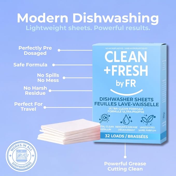 Clean And Fresh Dishwasher Detergent Sheets – 32 Loads – Plastic-Free Dishwasher Soap – Ultra-Concentrated, Quick-Dissolve, Unscented – Powerful Grease Cleaning – HE & Septic Safe, Zero Residue