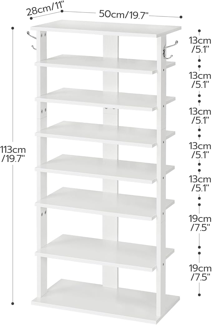 HOOBRO Vertical Shoe Rack, 8 Tier Wooden Shoe Storage Organizer with Hooks, Narrow Shoe Tower for 16 Pairs, Space Saving, for Entryway, Living Room, Bedroom, White WT750XJ01