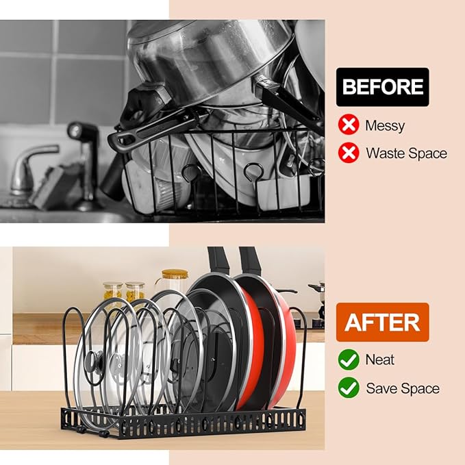 Housolution Pot and Pan Organizer Rack for Cabinet, Pot Lid Organizer with 7 Adjustable Dividers, Pan Holder Storage Rack for Kitchen Cabinet, Black