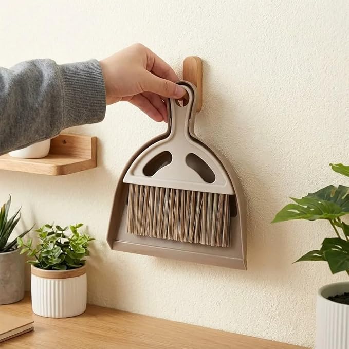 Mini Broom and Dustpan Set, Small Handheld Broom and Dustpan for Desk, Clip-On Hand Brush for Keyboard, Car Interior, Countertop, and Cat Litter Cleaning, Brown