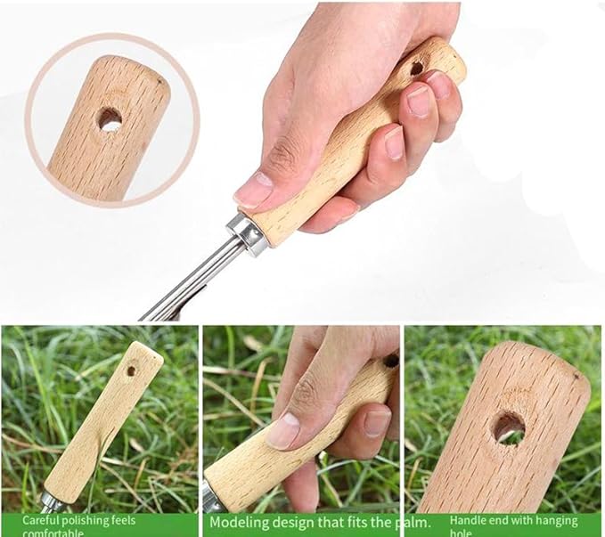 Comimark 1pc Wood Handle Stainless Steel Garden Weeder, Hand Weeding Removal Cutter Puller Tools, Multifunction Weeder Transplant
