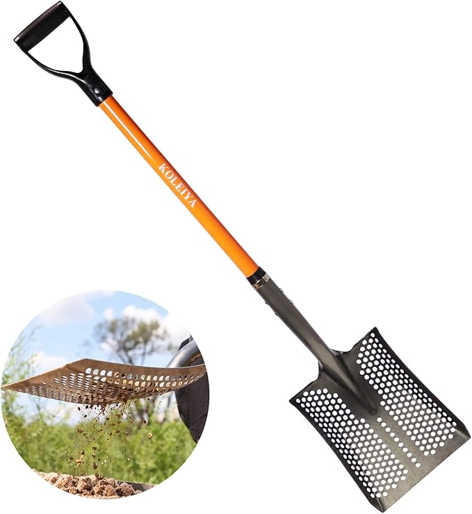 45in Sand Sifting Shovel with Orange Fiberglass Handle - Heavy Duty Slotted Shovel for Rocks, Chicken Coop, Gardening and Soil Sifting