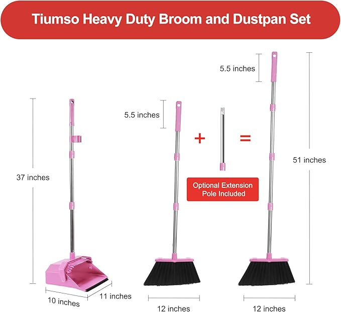 Broom with Dustpan Combo Set, 51'' Broom and Dustpan Set, Brooms and Dust Pan with Handle, Brooms with Standing Dustpans, House Broom for Pets Hair and Floor Cleaning - Pink