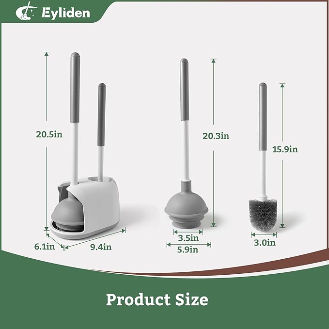 Eyliden Toilet Plunger & Brush Set, Upgrade 3-Step Suction Cup - Ultra-Tight Seal, Durable, Space-Saving Toilet Deep Cleaning Combo with Holder, Bathroom Essentials, White & Grey, Nylon Bristles