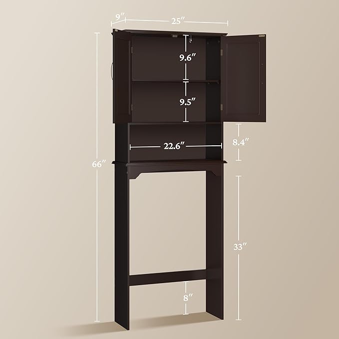 Yaheetech Over The Toilet Storage with 2 Doors & Adjustable Shelf, Free Standing Toilet Rack Wooden Space-saving Collect Cabinet, Bathroom Furniture, 9Dx24.5Wx66H Inches, Espresso