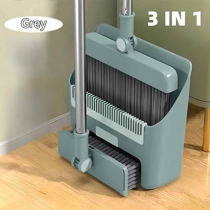 3 in 1 Broom and Dustpan Set with Adjustable Push Broom with 48.8“ Long Handle for Floor Sweeping Outdoor Indoor Sweeping Combo for Home & Kitchen (Green)