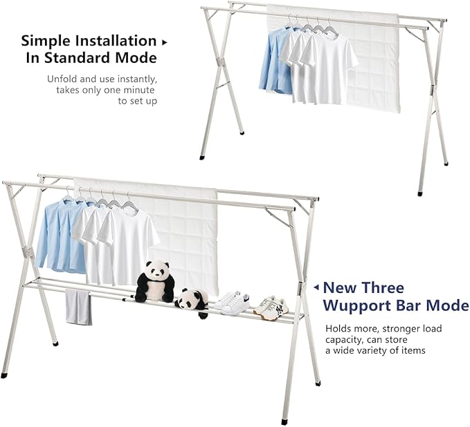 63 inches Foldable Clothes Drying Rack, Heavy Duty Stainless Steel Laundry Drying Rack for Indoor Outdoor,Clothes Rack Adjustable Length. 3 Additional Reinforcement Bars with 20 Windproof Hooks