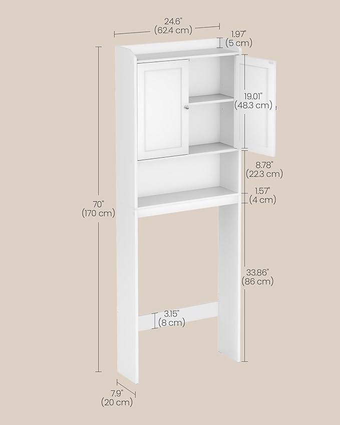 VASAGLE Over the Toilet Storage Cabinet, Bathroom Storage Cabinet with Doors, Adjustable Shelves, Space-Saving, Modern, 7.9 x 24.6 x 70 Inches, Cloud White UBTS008WH01S