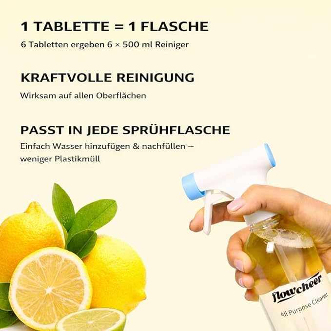 flowcheer Multi-Purpose Cleaner Starter Kit-Lavender and Lemon Scent all purpose cleaner concentrate,cleaning tablets (6 Refill tablets) with Reusable Spray Bottle Multi-Surface Cleaner, 6x17fl oz