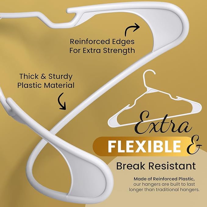 Our Modern Space 200 Pack Plastic Hanger for Shirt Pants Coats Dresses Skirts Suits Jackets - Standard Thick Coat Hanger - Sturdy & Durable Design with Shoulder Grooves Hook - White