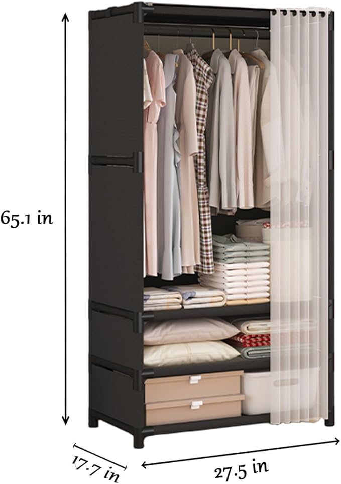 Portable Closet,Portable Closets for Hanging Clothes,Japanese Style Wardrobe with 1 Hanging Rods,2 Storage Shelves,27.5" L x 17.7" W x 65.1" H,Black