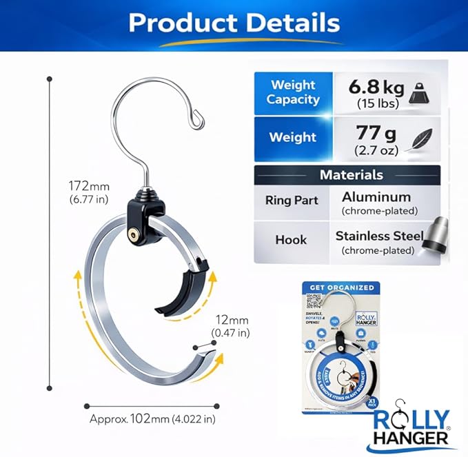 Rolly Hanger® Closet Space Saver – Premium Rotating Aluminum Organizer for Belts, Ties, Hats & Handbags – Heavy Duty 360° Swivel – Declutter & Maximize Storage (2 Pack)