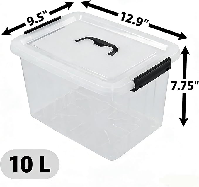 Plastic Storage Bins with Lids, 6 Pack Storage Organizer, 10 L Stackable Storage Bins with Buckle-Up Latches and Handle, Storage Totes for Home Office Pantry Organization, Clear