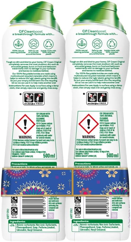 Cif Original Multipurpose Surface Cleaner Cream for Kitchen & Bathroom, Ocean Breeze Scent, 100% Dirt Removal with Natural Cleaning Particles, 2x500ml