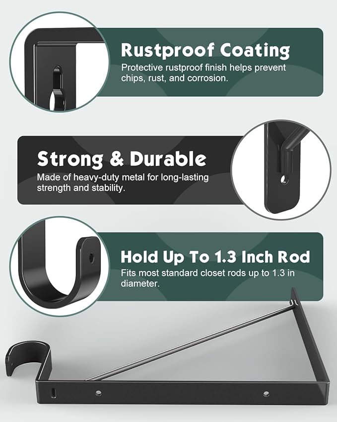 Supforce 4 Pack Closet Rod Bracket, Heavy Duty Closet Rod Support with Rod Holder, Wall Mounted Closet Shelf Brackets with Triangle Stabilizing Design for Closet, Bathroom and Kitchen, Black