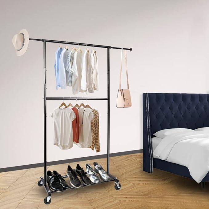 Fishat Black Simple Standard Rod Rolling Garment Clothes Rack, Metal Clothes Organizer with Lockable Wheels