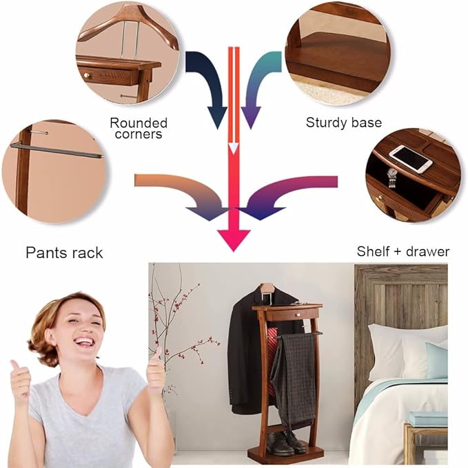 Suit Valet Stand with Tray, Wood Valet Stand for Men, Floor Standing Clothes Valet Stand, Valet Stand for Office Living Room Bed Room 44.4X30X112.2CM (Walnut)