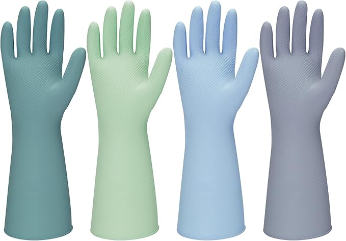 Rubber Kitchen Dishwashing Gloves - 4 Pairs Colorful Reusable Household Cleaning Gloves For Washing Dishes And Cleaning Tasks，Flexible And Durable Waterproof (Medium, Dark Green+Blue+Green+Gray)